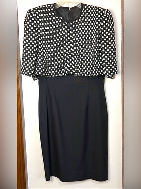 80s Black & White Polka Dot Pleated Blouse Top Midi Sheath Dress
